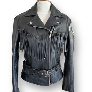 Hudson Leather Women's Small Black Leather Fringe Biker Jacket Liner Zips Out
